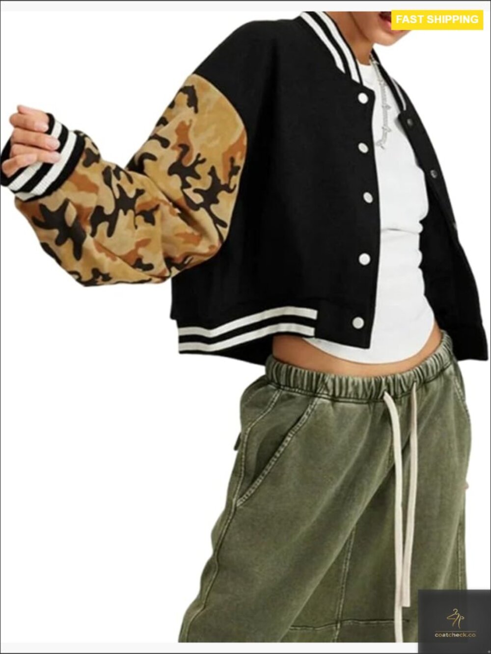 Cropped Camouflage Sleeve Varsity Jacket Casual Bomber Coat Y2K Streetwear